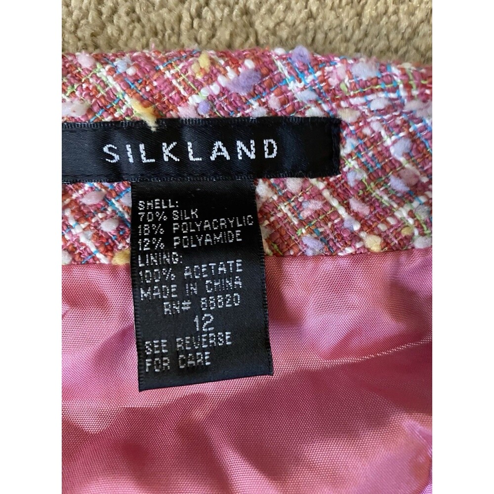 SILKLAND Pink Tweed Bouclé 2-Piece Skirt Suit Set – 70% Silk Coquette Size 12 - Picture 5 of 16